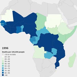 Map of africa with countries coloured according to malaria prevalence.