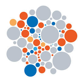 Grey, blue and orange circles arranged in a circle.